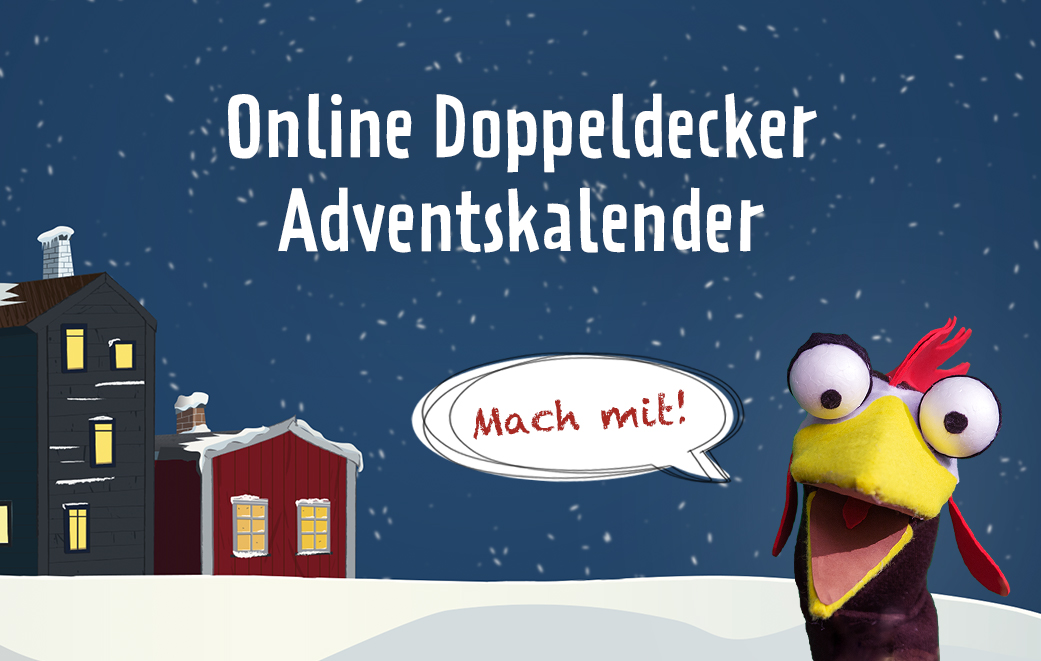 Illustrierte Winterlandschaft mit Häuser und Huhn-Handpuppe Werbung für Online Doppeldecker Adventskalender